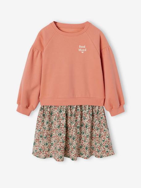 Dual Fabric Dress for Girls coral+green 