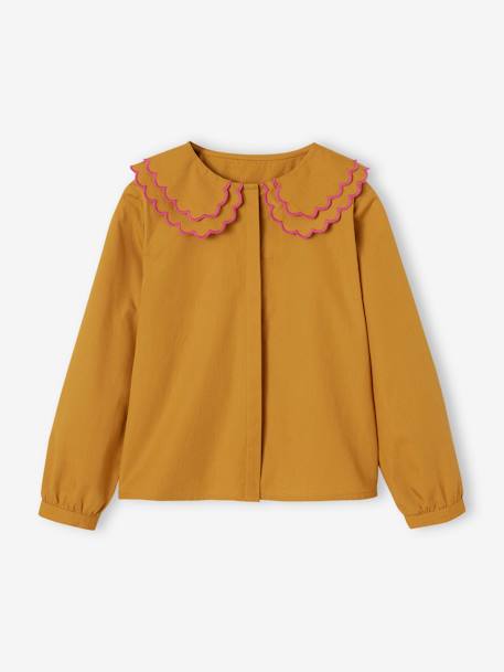 Embroidered Shirt with Oversized Double Collar, for Girls mustard 