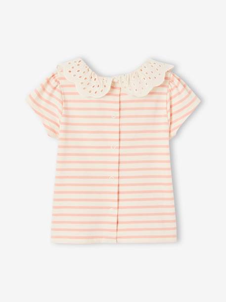 Striped T-Shirt with Collar in Broderie Anglaise for Baby Girls rose 