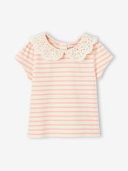 Baby-T-shirts & Roll Neck T-Shirts-T-Shirts-Striped T-Shirt with Collar in Broderie Anglaise for Baby Girls