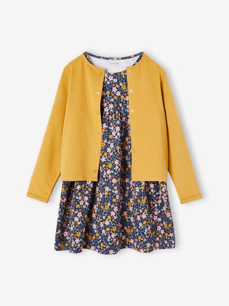 Dress & Jacket Outfit with Floral Print for Girls emerald green+mustard+rose 