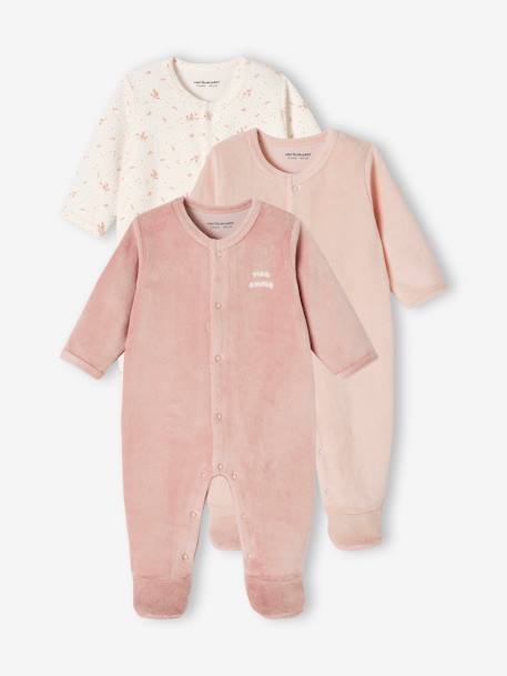 Pack of 3 Velour Sleepsuits, Special Opening for Newborns, for Babies aqua green+dusky pink+golden yellow 