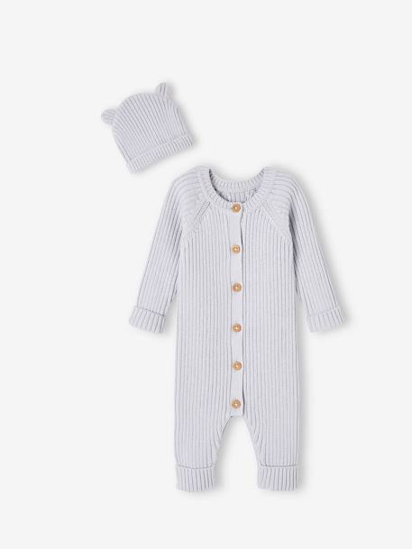 Knitted Jumpsuit & Matching Beanie with Ears Combo for Babies pale blue 