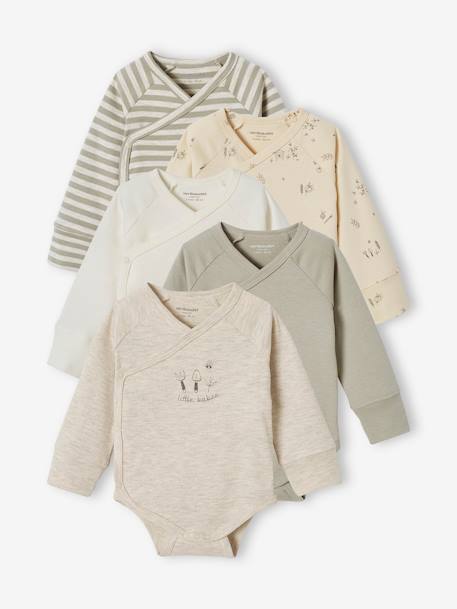 Pack of 5 Long Sleeve Progressive Bodysuits in Organic Cotton, for Newborns sage green 