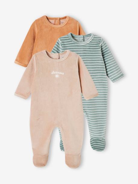 Pack of 3 Sleepsuits in Velour for Babies, BASICS camel+cappuccino+rosy 