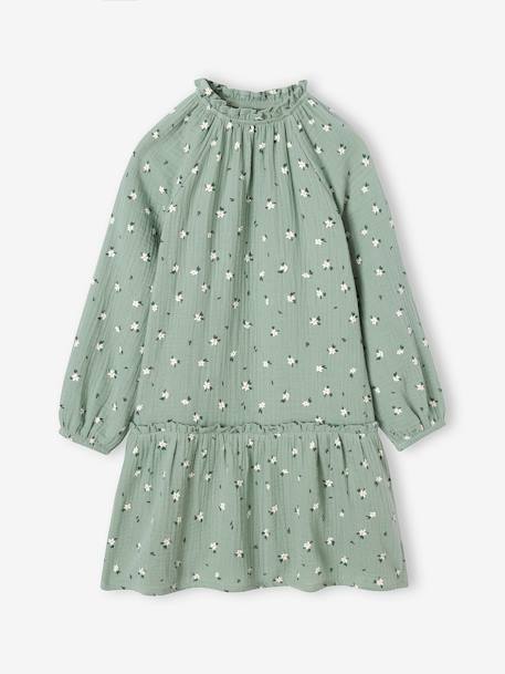 Floral Cotton Gauze Dress, for Girls anthracite+grey green 