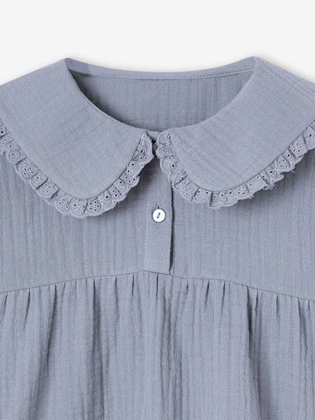 Cotton Gauze Blouse with Fancy Peter Pan Collar for Girls grey blue+old rose 