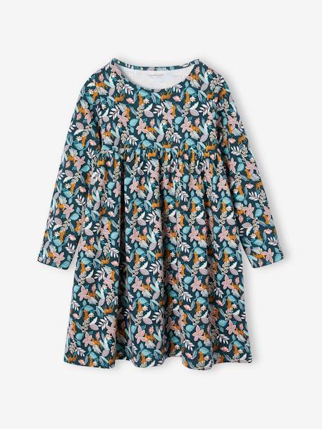 Dress & Jacket Outfit with Floral Print for Girls emerald green+mustard+rose 