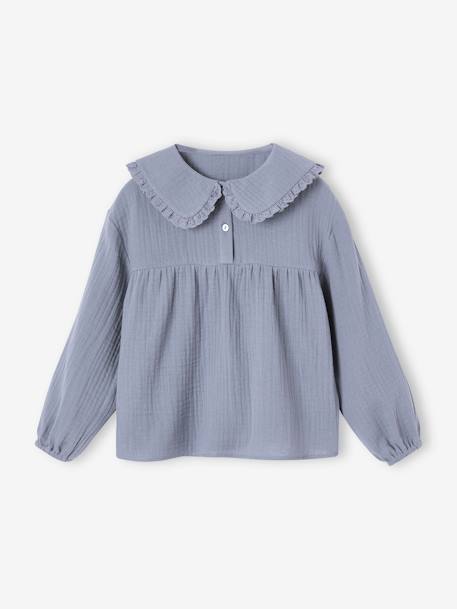 Cotton Gauze Blouse with Fancy Peter Pan Collar for Girls grey blue+old rose 