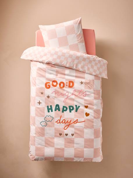 Duvet Cover + Pillowcase Set for Children, with Recycled Cotton Content, Damier Good Vibes chequered pink 