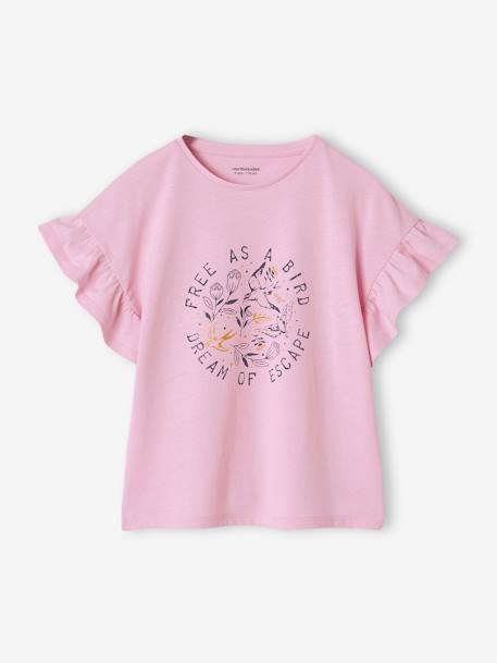 T-Shirt with Motif & Ruffle on the Sleeves, for Girls mauve 