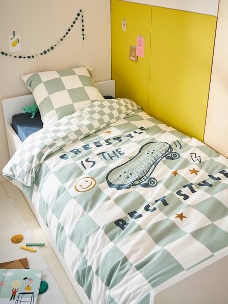 Duvet Cover + Pillowcase Set for Children, with Recycled Cotton Content, Damier Freestyle chequered green 