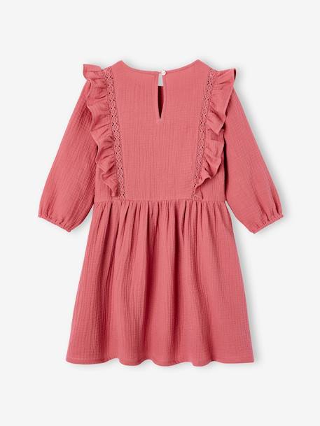 Ruffled Dress in Cotton Gauze, for Girls navy blue+old rose 