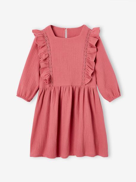 Ruffled Dress in Cotton Gauze, for Girls navy blue+old rose 