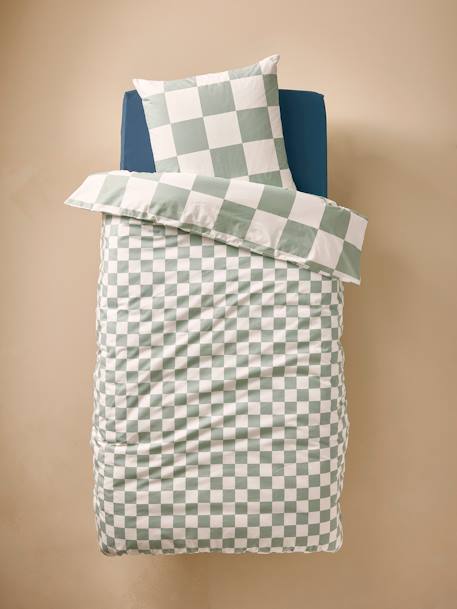 Duvet Cover + Pillowcase Set for Children, with Recycled Cotton Content, Damier Freestyle chequered green 