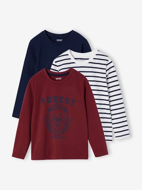Pack of 3 Assorted Long Sleeve Tops for Boys bordeaux red+marl grey+white 
