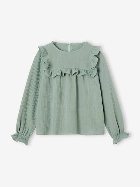 Ruffled Blouse in Cotton Gauze, for Girls blush+ecru+grey green 