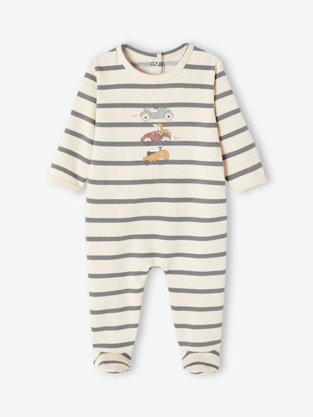 Striped Sleepsuit with Cars Motif for Baby Boys ecru 