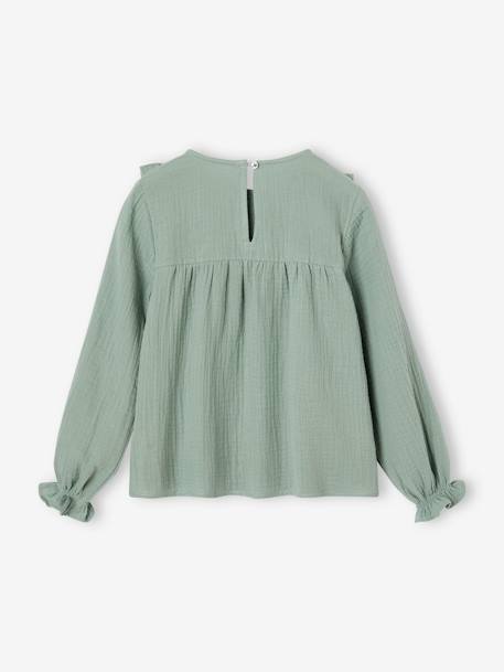 Ruffled Blouse in Cotton Gauze, for Girls blush+ecru+grey green 