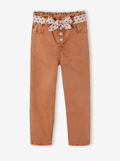 Paperbag Trousers & Floral Belt for Girls apricot+cinnamon+green+mauve 