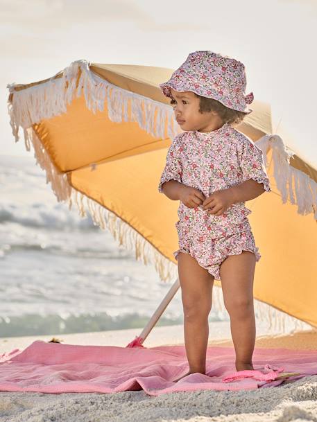 UV Protection Swimwear Combo: T-Shirt + Briefs + Bucket Hat for Baby Girls rose 