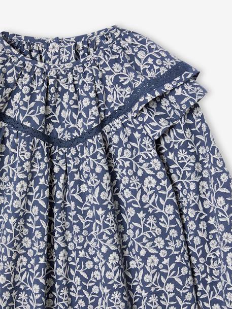 Floral Print Dress with Ruffled Collar, for Girls printed blue 