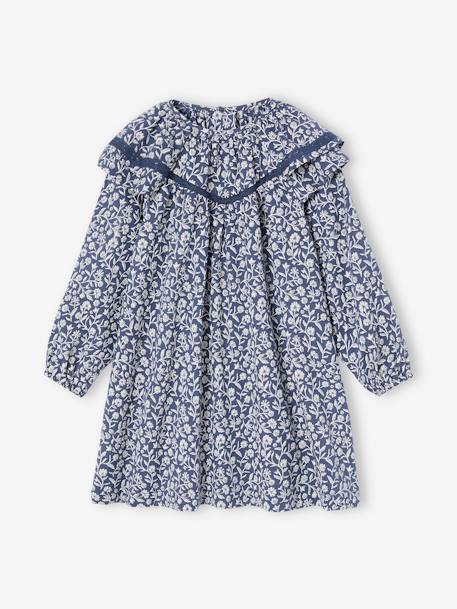 Floral Print Dress with Ruffled Collar, for Girls printed blue 