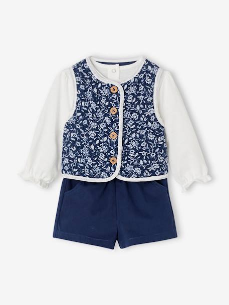 Top + Floral Waistcoat + Shorts Ensemble for Baby Girls denim blue 