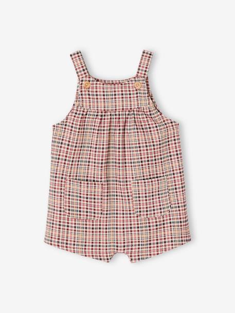 Chequered Short Dungarees + Shirt & Headband Ensemble for Baby Girls dusky pink 