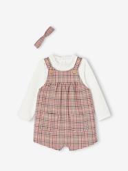 Baby-Outfits-Chequered Short Dungarees + Shirt & Headband Ensemble for Baby Girls