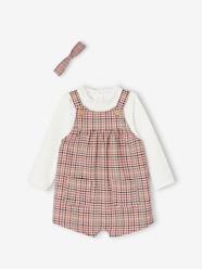 Chequered Short Dungarees + Shirt & Headband Ensemble for Baby Girls