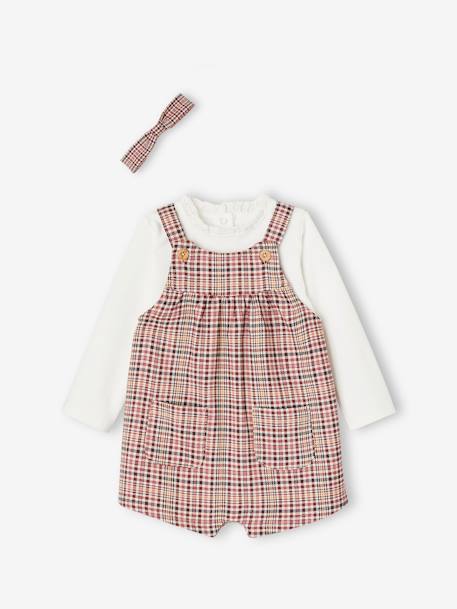 Chequered Short Dungarees + Shirt & Headband Ensemble for Baby Girls dusky pink 