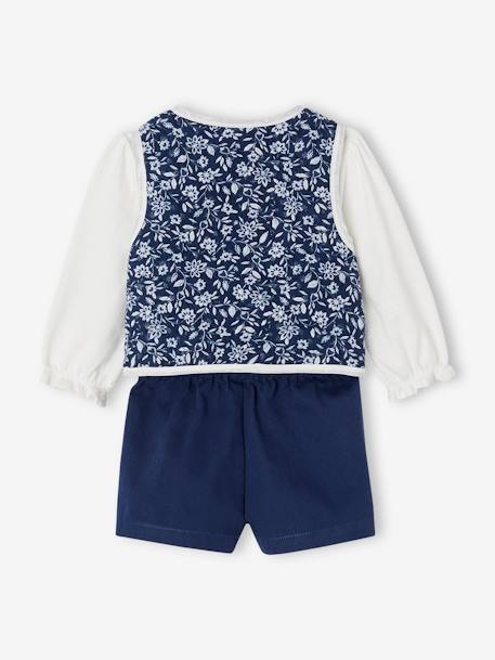 Top + Floral Waistcoat + Shorts Ensemble for Baby Girls denim blue 