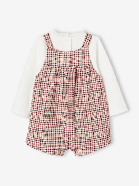 Chequered Short Dungarees + Shirt & Headband Ensemble for Baby Girls dusky pink 