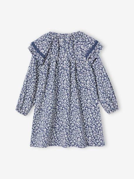 Floral Print Dress with Ruffled Collar, for Girls printed blue 