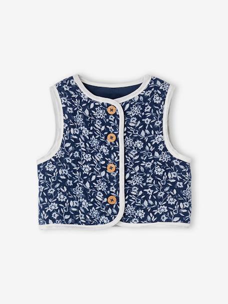 Top + Floral Waistcoat + Shorts Ensemble for Baby Girls denim blue 