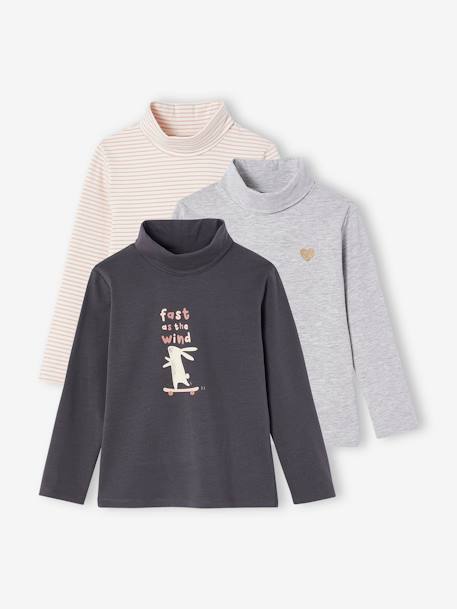 Pack of 3 High Neck Tops, for Girls anthracite+grey green+PINK LIGHT 2 COLOR/MULTICOL R+rose beige 