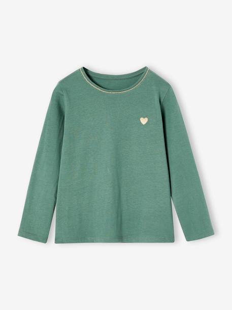 Basics Long Sleeve Top for Girls, Glittery Heart ecru+emerald green 