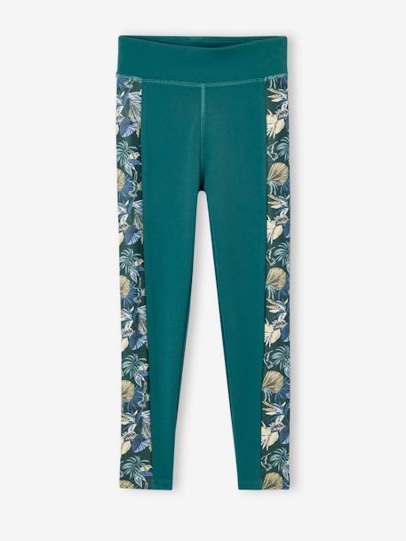 Sports Leggings in Techno Fabric, Stripe on the Sides with Exotic Flowers Print, for Girls emerald green 