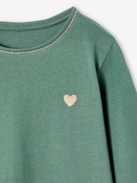 Basics Long Sleeve Top for Girls, Glittery Heart ecru+emerald green 