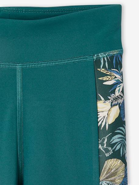 Sports Leggings in Techno Fabric, Stripe on the Sides with Exotic Flowers Print, for Girls emerald green 