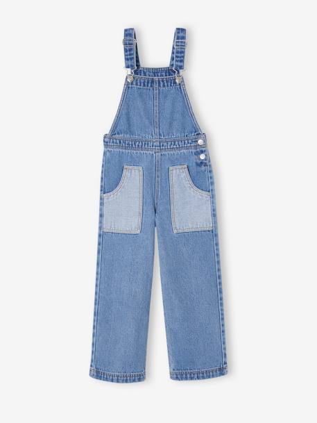 Wide Denim Dungarees with Contrasting Pockets, for Girls medium blue 