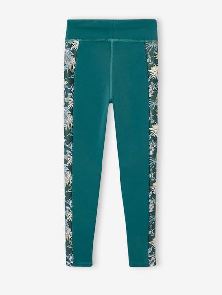 Sports Leggings in Techno Fabric, Stripe on the Sides with Exotic Flowers Print, for Girls emerald green 