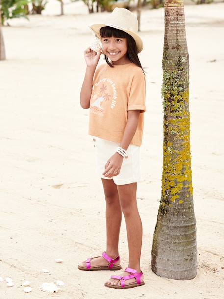 Terry Cloth T-Shirt with Palm Trees Motif for Girls clay beige 