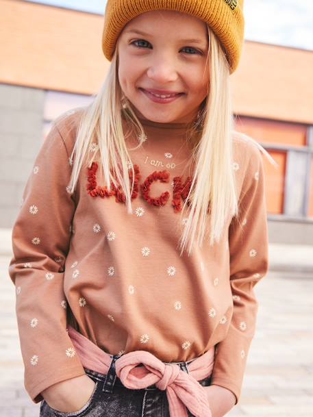 Printed Top with Crimped Inscription in Relief, for Girls BROWN MEDIUM ALL OVER PRINTED+ecru+GREEN DARK ALL OVER PRINTED 