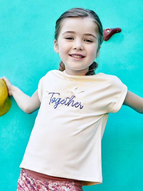 Sports Combo: T-Shirt & Cropped Trousers with Iridescent 'sunrise' Motif, for Girls ecru 