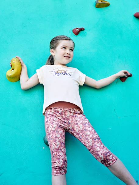 Sports Combo: T-Shirt & Cropped Trousers with Iridescent 'sunrise' Motif, for Girls ecru 