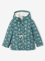 Girls-Hooded Parka with Sherpa Lining & Flower Motifs for Girls