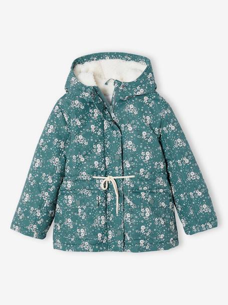 Hooded Parka with Sherpa Lining & Flower Motifs for Girls emerald green 