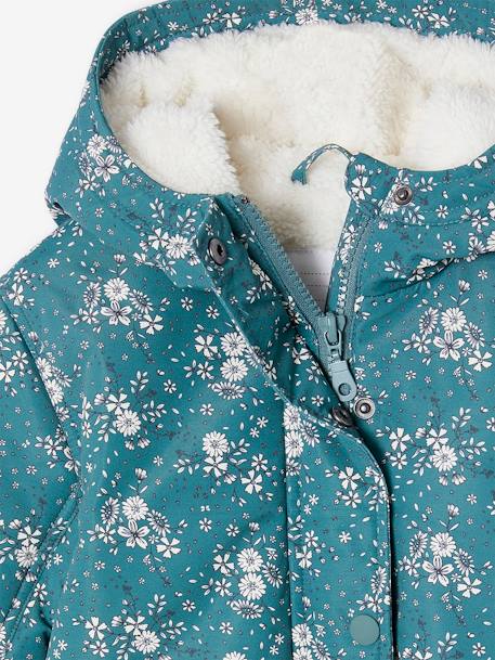 Hooded Parka with Sherpa Lining & Flower Motifs for Girls emerald green 